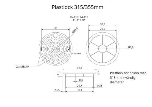 Plastlock 315/355mm teknisk ritning mått