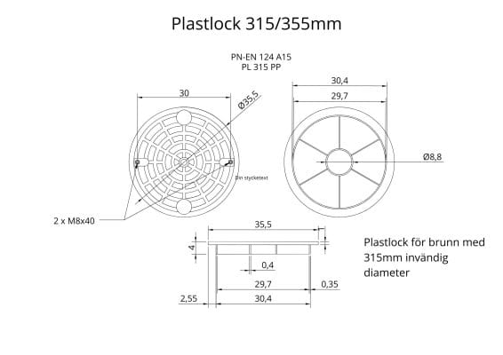 Plastlock 315/355mm teknisk ritning mått