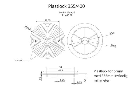 Brunnslock 355/400mm 7 Plastlock 355/400mm teknisk ritning mått