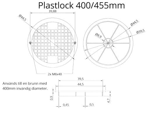 Plastlock 400/455mm teknisk ritning mått