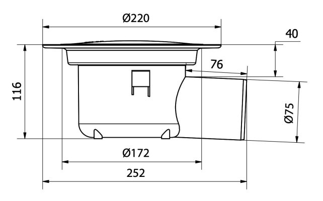 Golvbrunn Purus Oden Sida 75mm 2 Golvbrunn Purus Oden 75mm Sidoutlopp måttskiss